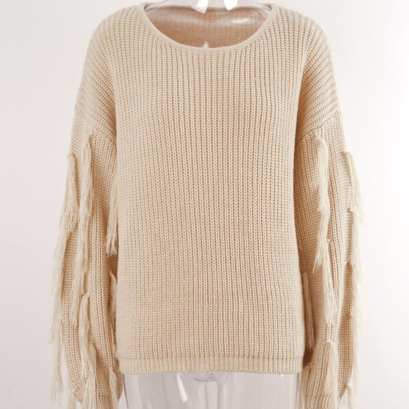 Loose Pullover Round-Neck Tassel Long Sleeve Sweater - Picture 4 of 6